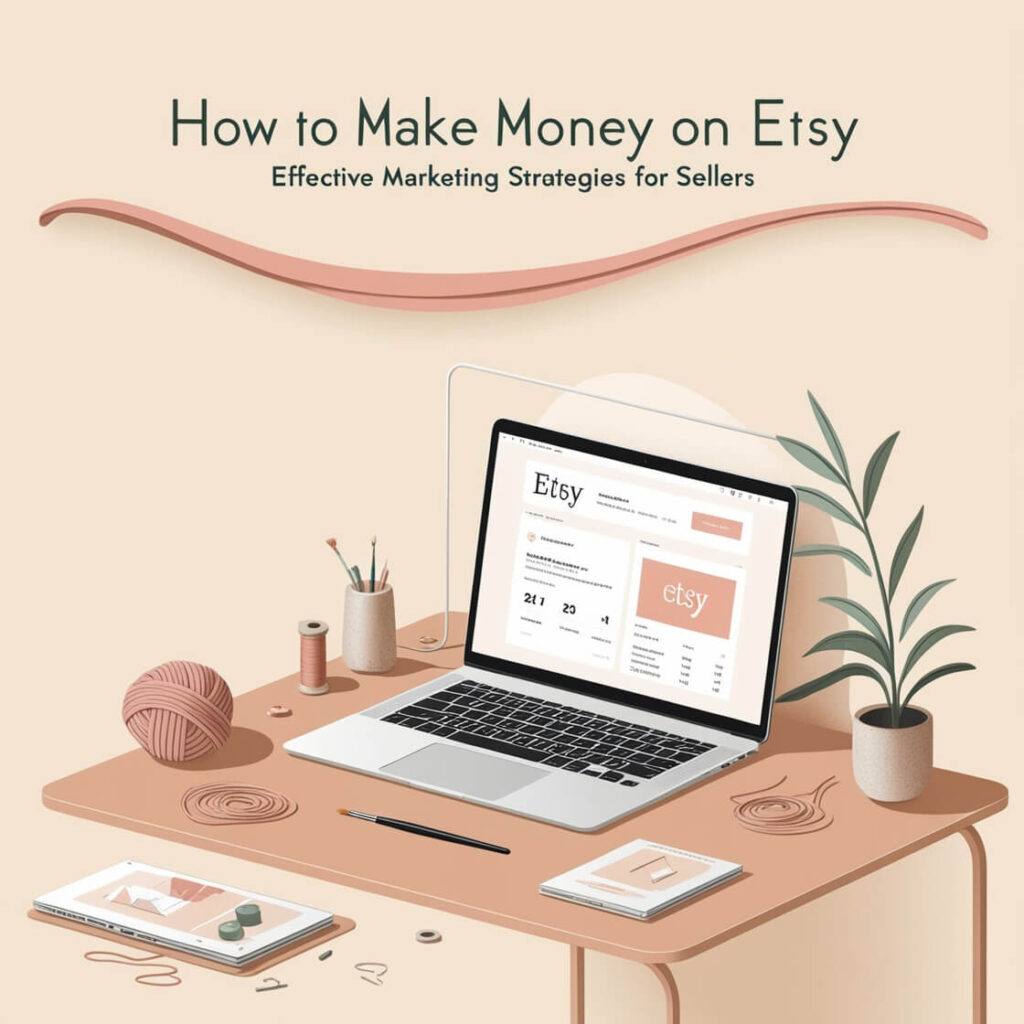 An image showing a person working on a laptop with an Etsy store open, surrounded by handmade crafts and marketing materials, illustrating how to market and sell effectively on Etsy