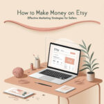 An image showing a person working on a laptop with an Etsy store open, surrounded by handmade crafts and marketing materials, illustrating how to market and sell effectively on Etsy