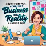 A step-by-step guide on turning a business idea into reality, with visual icons representing brainstorming, planning, and execution.