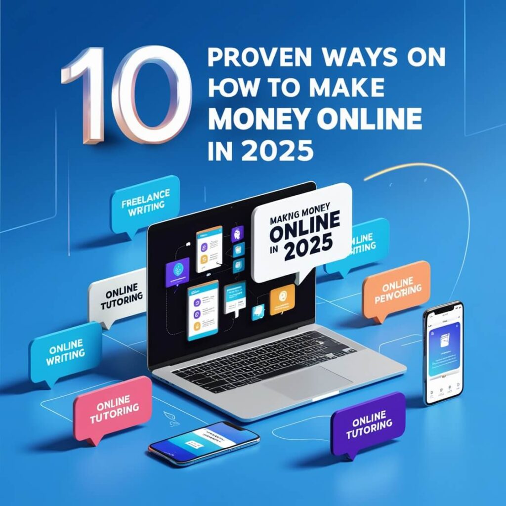 List of 10 proven ways to make money online in 2025 with icons representing different online income strategies.