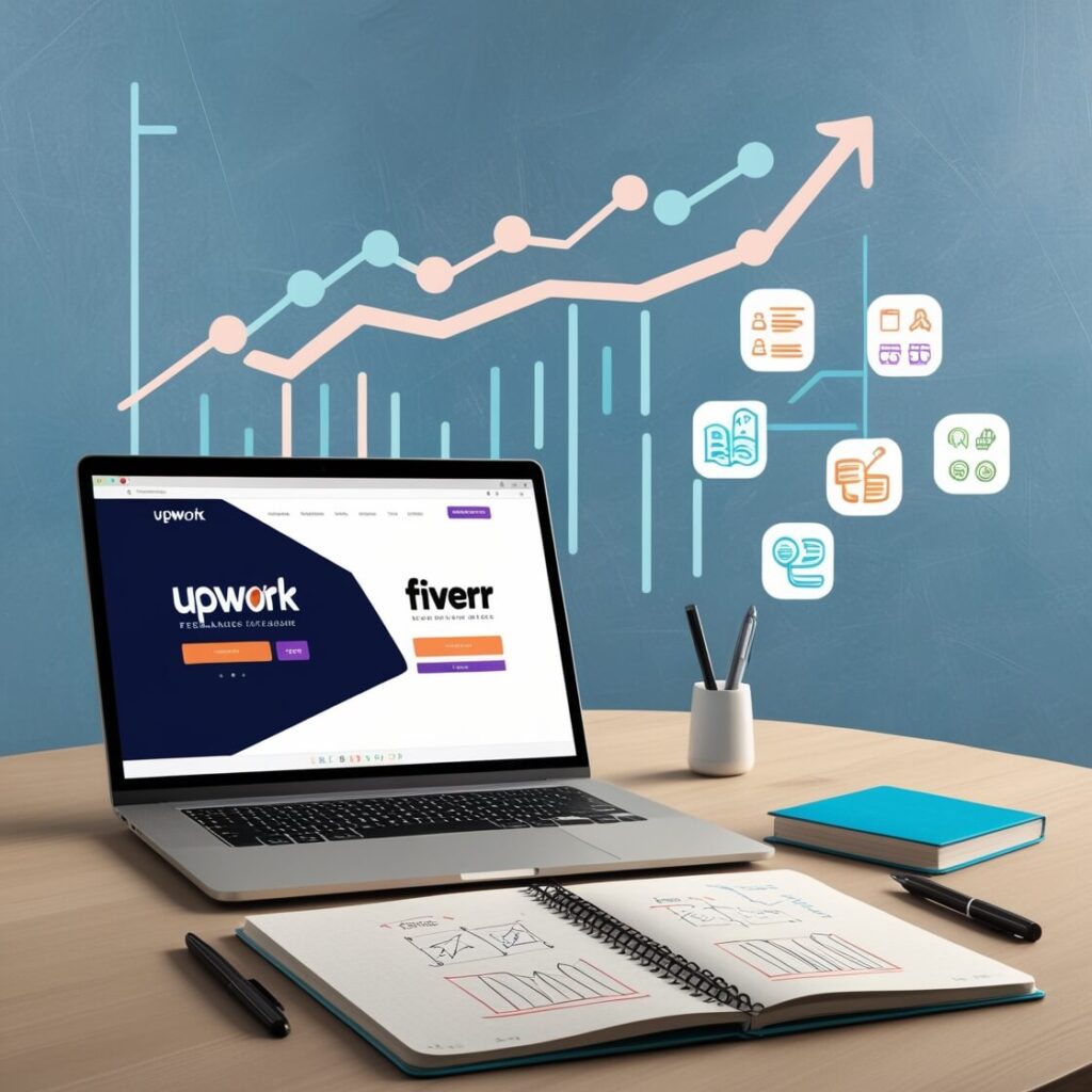A person using a laptop to browse freelance job platforms like Upwork and Fiverr, with a focus on growing their freelance business in 2025.