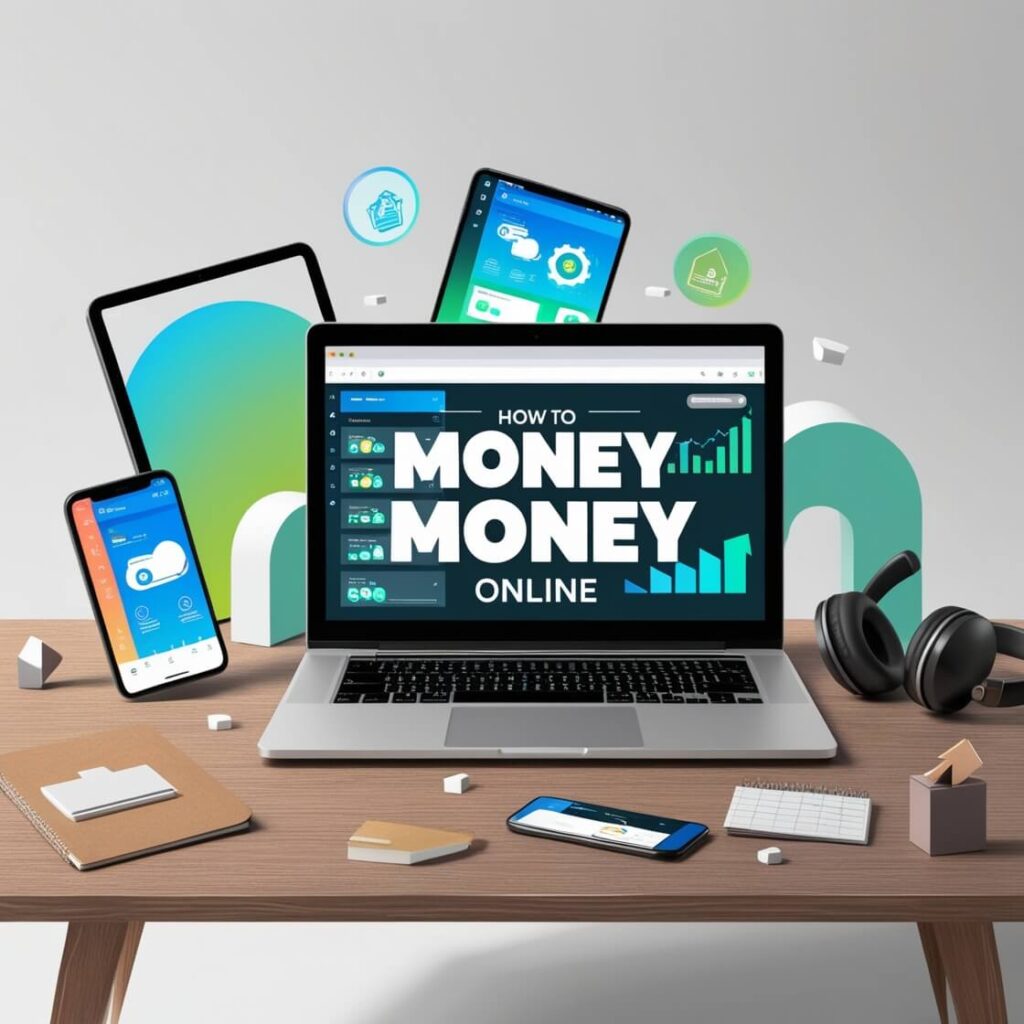 A person working on a laptop with online money-making platforms visible on the screen.