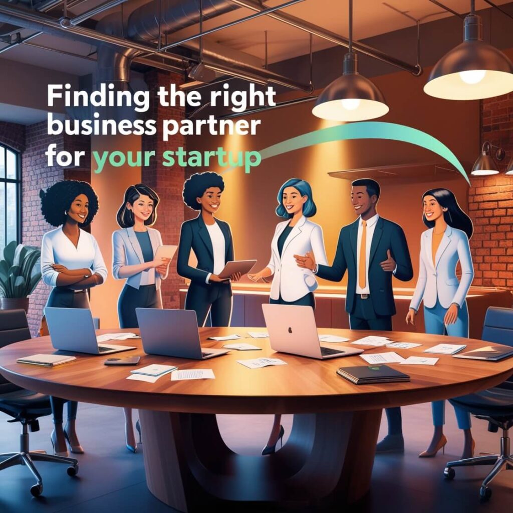 A graphic illustrating steps to find the right business partner for a startup, featuring icons of collaboration, research, communication, and trust-building.