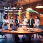 A graphic illustrating steps to find the right business partner for a startup, featuring icons of collaboration, research, communication, and trust-building.