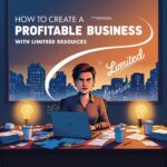 A person brainstorming ideas with a notebook and laptop, surrounded by minimal resources, symbolizing creativity and strategic thinking for building a profitable business with limited resources.