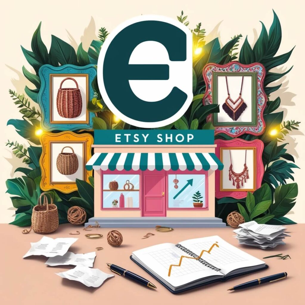 A person sitting at a desk with a laptop, sketching on paper, with items such as handmade jewelry and candles displayed around them. The image illustrates the process of growing and maximizing earnings for an Etsy shop.