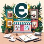 A person sitting at a desk with a laptop, sketching on paper, with items such as handmade jewelry and candles displayed around them. The image illustrates the process of growing and maximizing earnings for an Etsy shop.