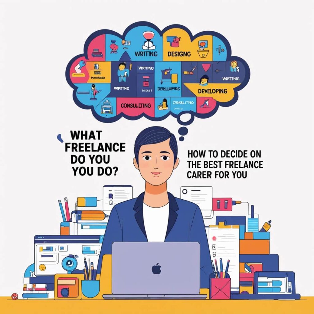 A person sitting at a desk, contemplating different freelance career options, surrounded by notes and a laptop. The image conveys the process of deciding on the best freelance career path.