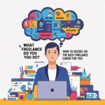 A person sitting at a desk, contemplating different freelance career options, surrounded by notes and a laptop. The image conveys the process of deciding on the best freelance career path.