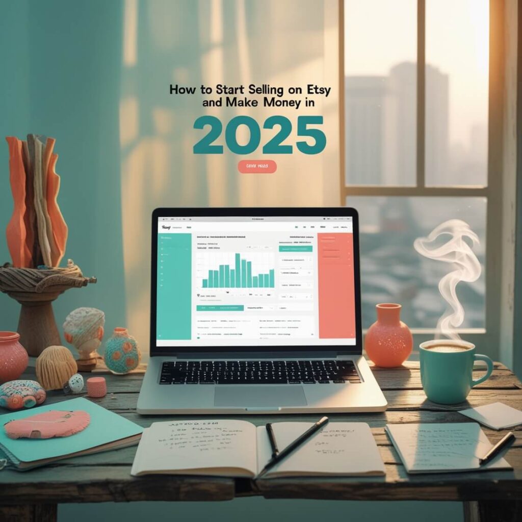A step-by-step guide to starting a successful Etsy shop in 2025, featuring images of an online store setup, crafting supplies, product listings, and marketing strategies for selling handmade or vintage items
