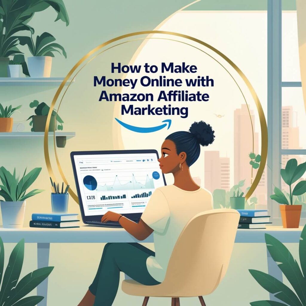 An infographic showing the process of making money online with Amazon Affiliate Marketing. The steps include signing up for the Amazon Affiliate Program, choosing a niche, promoting products through links or banners, driving traffic to your content, and earning commissions on sales made through your affiliate links.