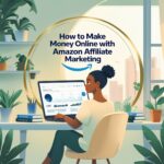 An infographic showing the process of making money online with Amazon Affiliate Marketing. The steps include signing up for the Amazon Affiliate Program, choosing a niche, promoting products through links or banners, driving traffic to your content, and earning commissions on sales made through your affiliate links.