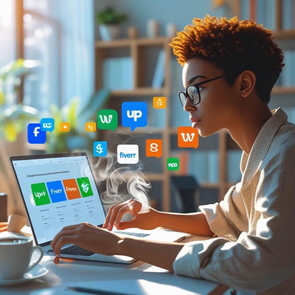 Exploring the best platforms for online freelance work with logos of top freelance websites like Upwork, Fiverr, and Toptal