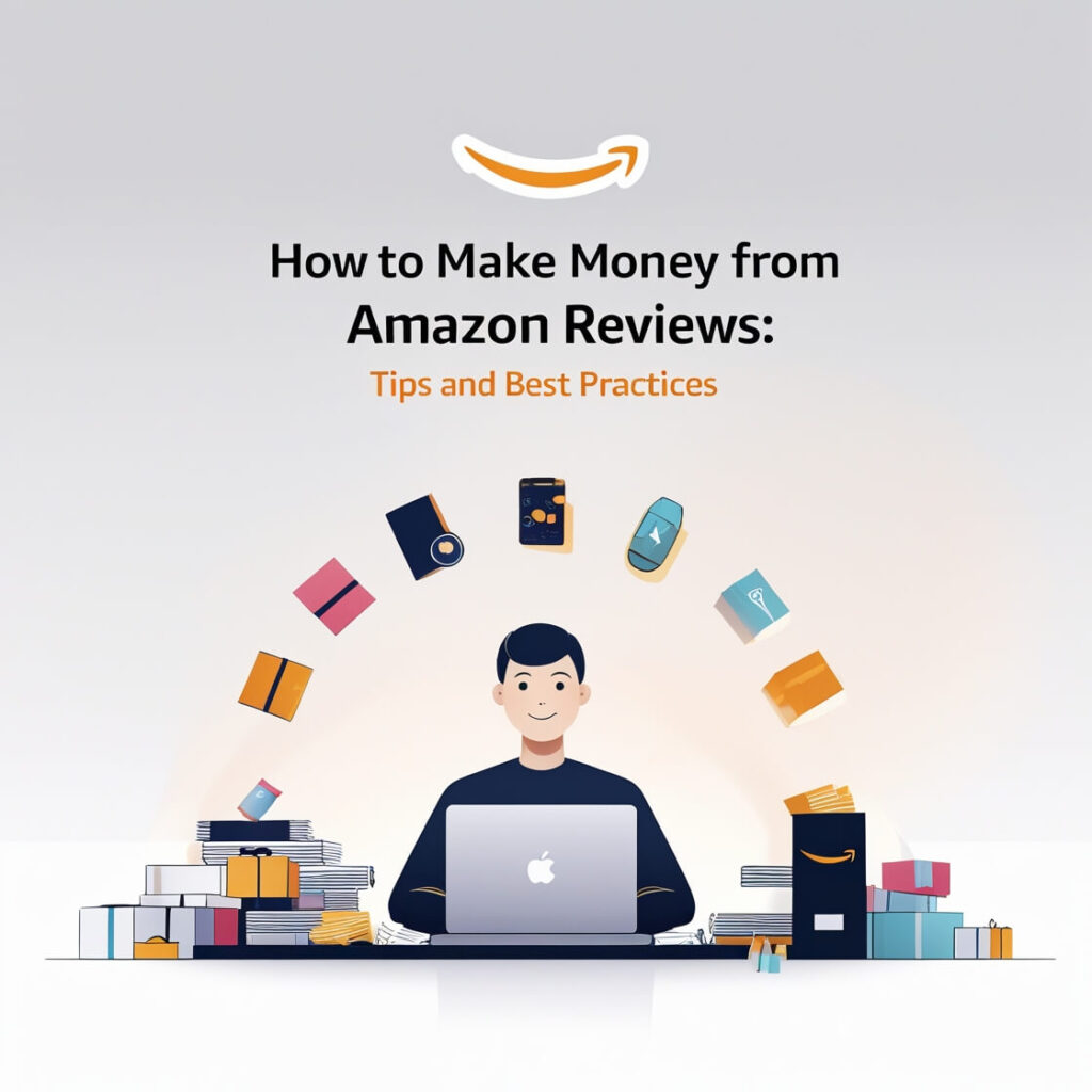A person writing a product review on a laptop, with Amazon’s logo and a stack of dollar bills symbolizing earning money through reviews.