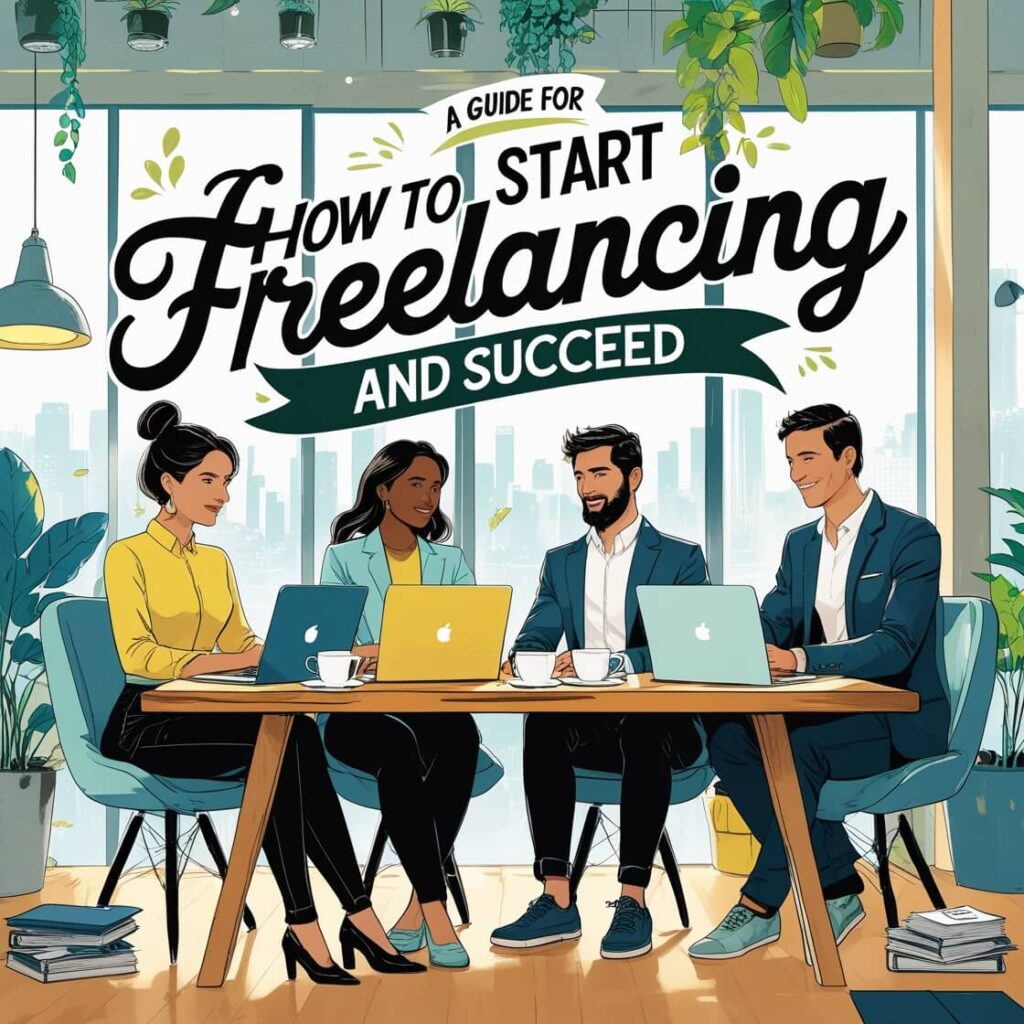 A person sitting at a desk with a laptop, writing in a notebook, surrounded by items symbolizing freelancing like a cup of coffee, headphones, and a notepad, illustrating the concept of starting a freelancing career.