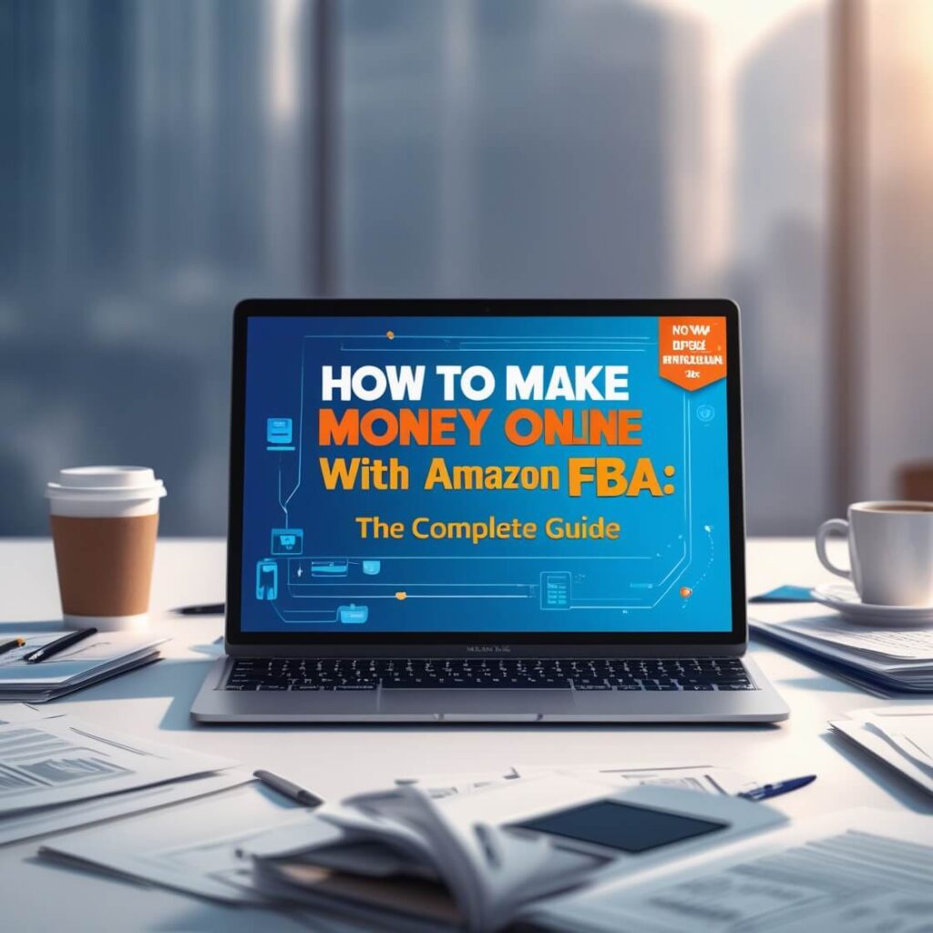 A comprehensive guide on making money online with Amazon FBA, featuring a laptop displaying the Amazon logo, alongside images of packaging materials, and a calculator, symbolizing the business process.
