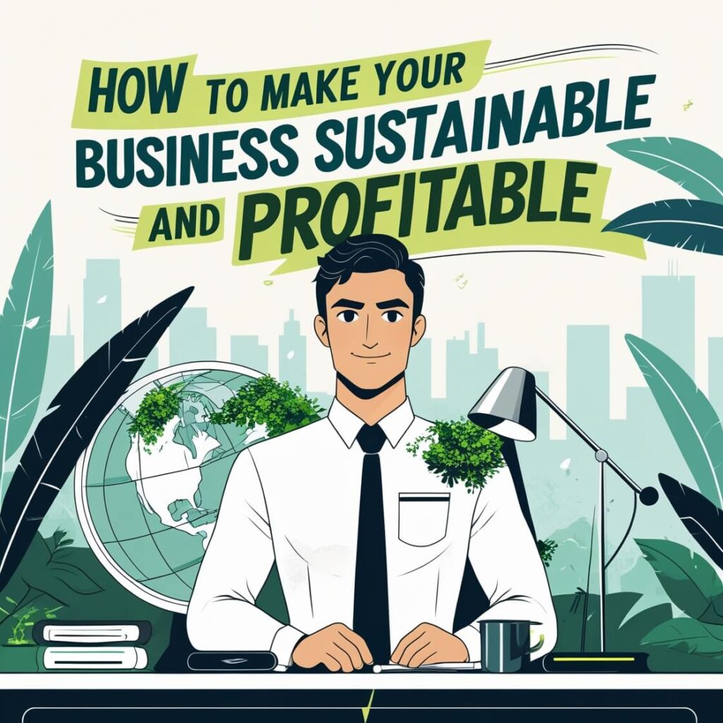 Business owner reviewing sustainable practices and profitability strategies for business growth