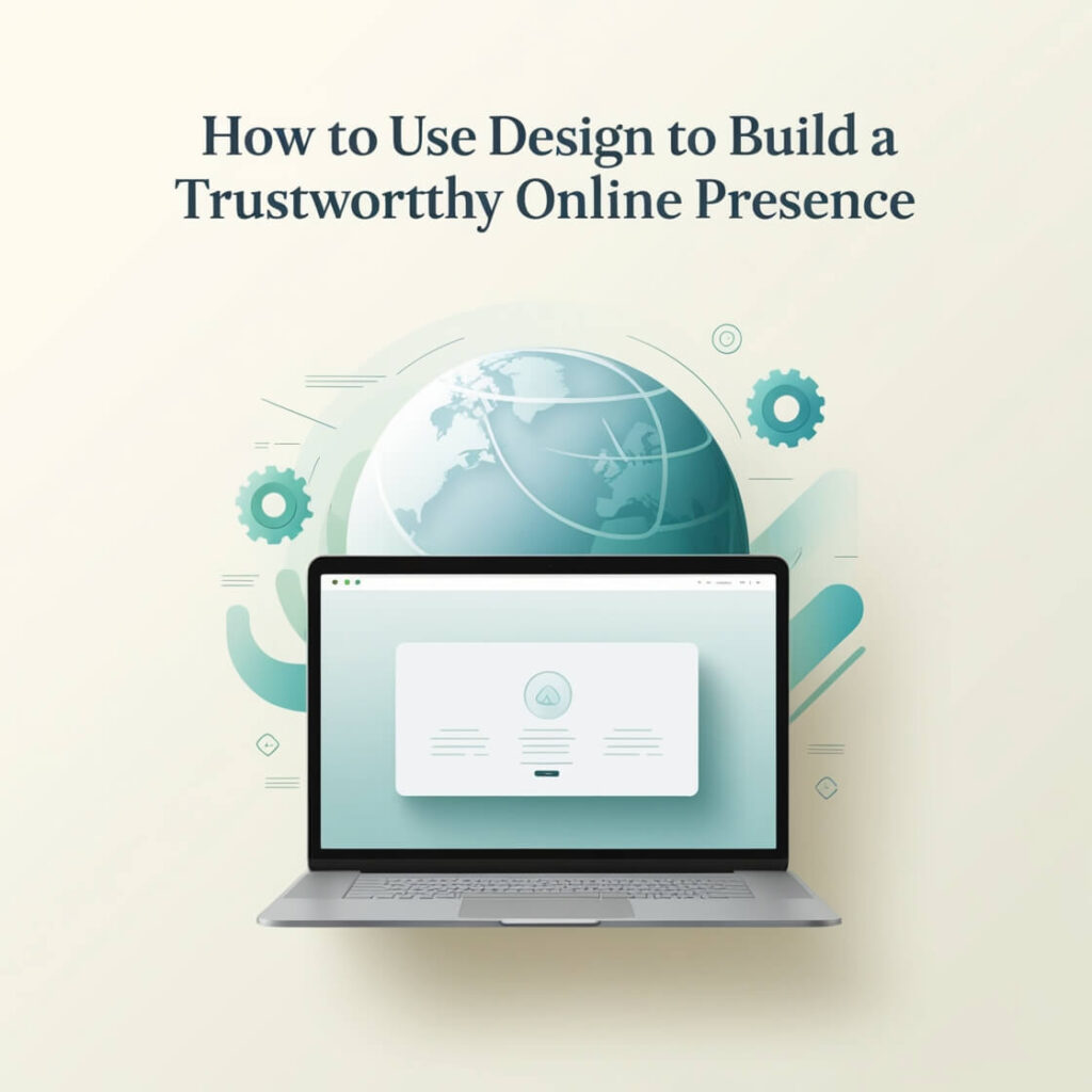 Illustration showing design elements like a clean website, professional color scheme, and easy navigation to build trust in an online presence.