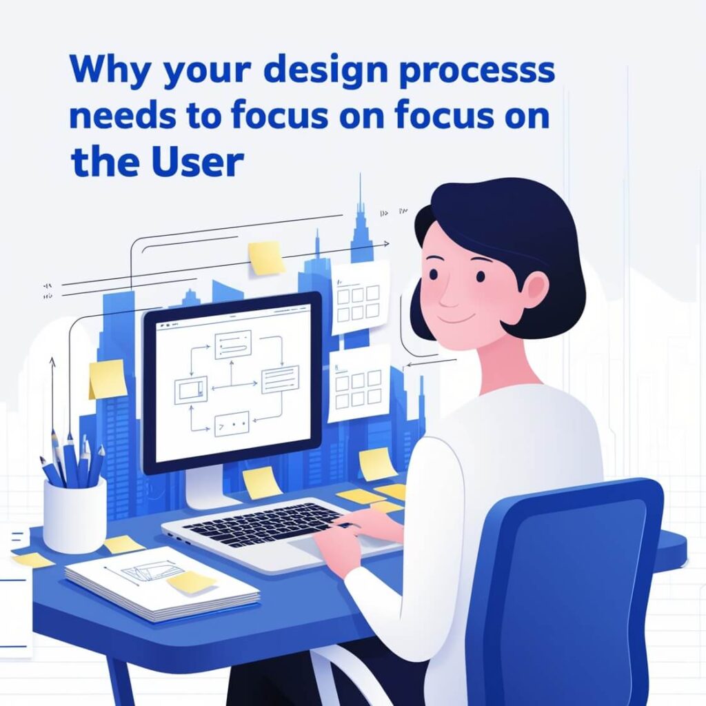 Illustration of a design team collaborating around a user-centered design concept, highlighting user experience and empathy in the process.