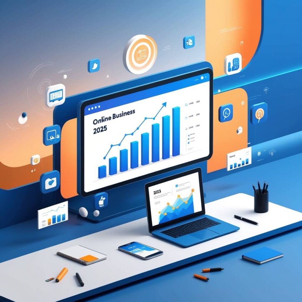 A guidebook or digital blueprint with the title 'How to Build a Successful Online Business in 2025' showing strategic planning elements like marketing, technology, and entrepreneurship.