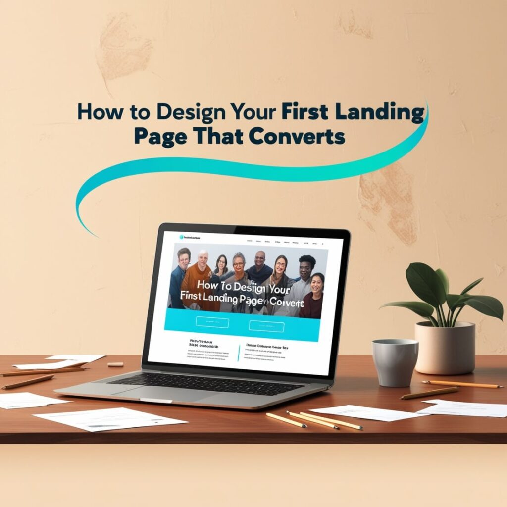 A digital illustration of a computer screen displaying a modern, user-friendly landing page design with sections for a headline, call-to-action button, and other key elements for conversion