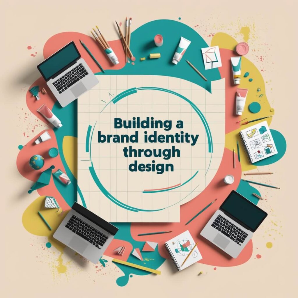 Step-by-step guide to building a strong brand identity through thoughtful design, with visuals of logos, color schemes, and typography.