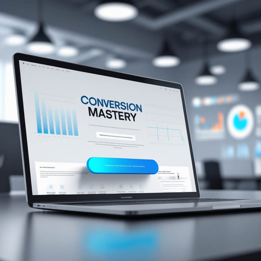 Illustration showing various elements of web design like navigation, call-to-action buttons, and engaging content to improve conversions and user engagement.