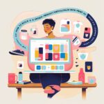 A designer creating unique Print on Demand products on a laptop, surrounded by sample t-shirts, mugs, and posters.