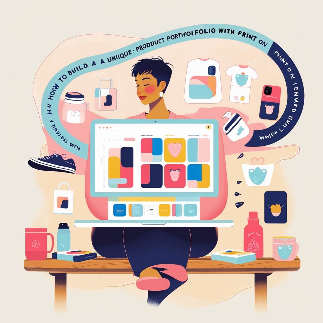 A designer creating unique Print on Demand products on a laptop, surrounded by sample t-shirts, mugs, and posters.