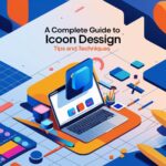An artist designing a set of vector icons on a digital tablet, showcasing various icon styles and grids.